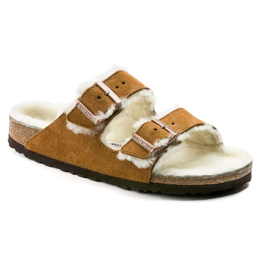 Women's shearling-lined suede sandals with adjustable buckles and cork sole