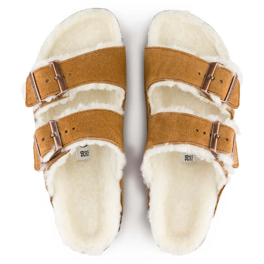 Cozy sheepskin-lined brown sandals with double buckle straps