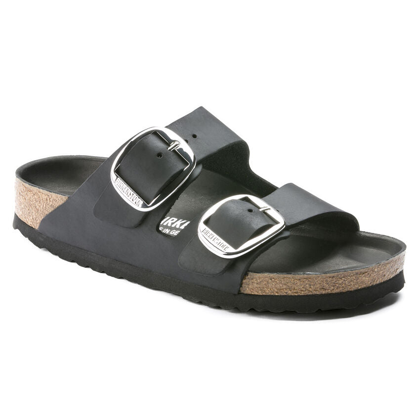 Black Birkenstock sandal with cork sole and two adjustable buckles.